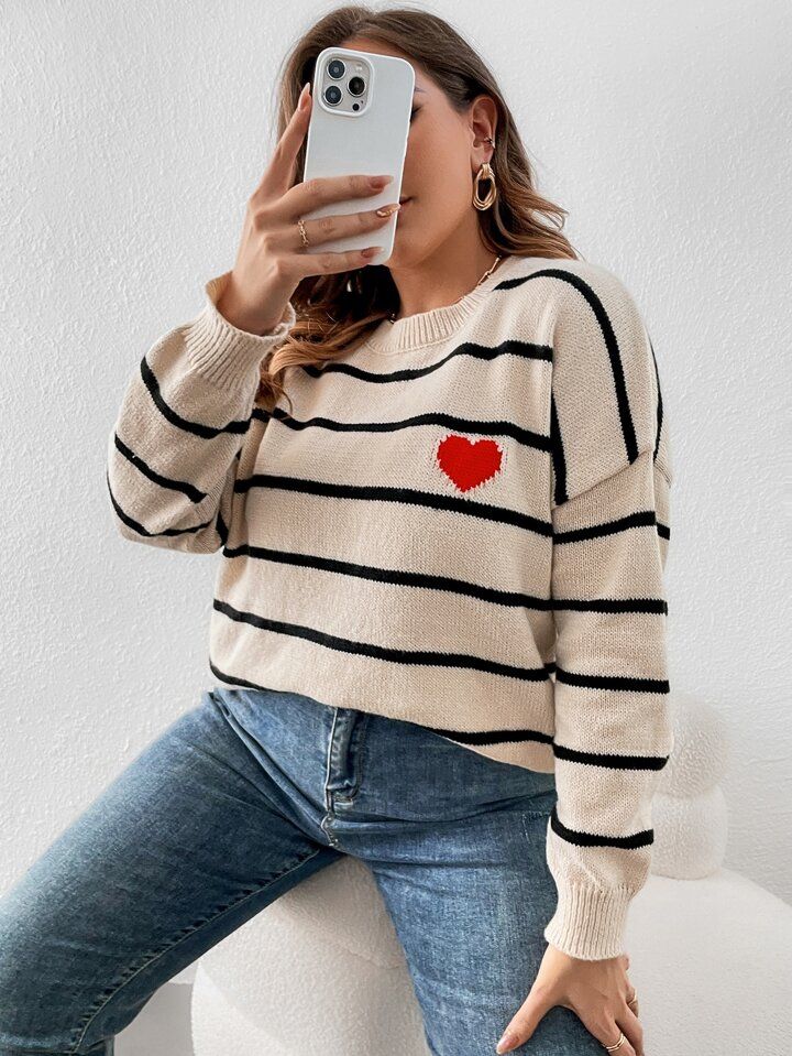 SHEIN Frenchy Plus Striped & Heart Pattern Drop Shoulder Sweater | SHEIN
