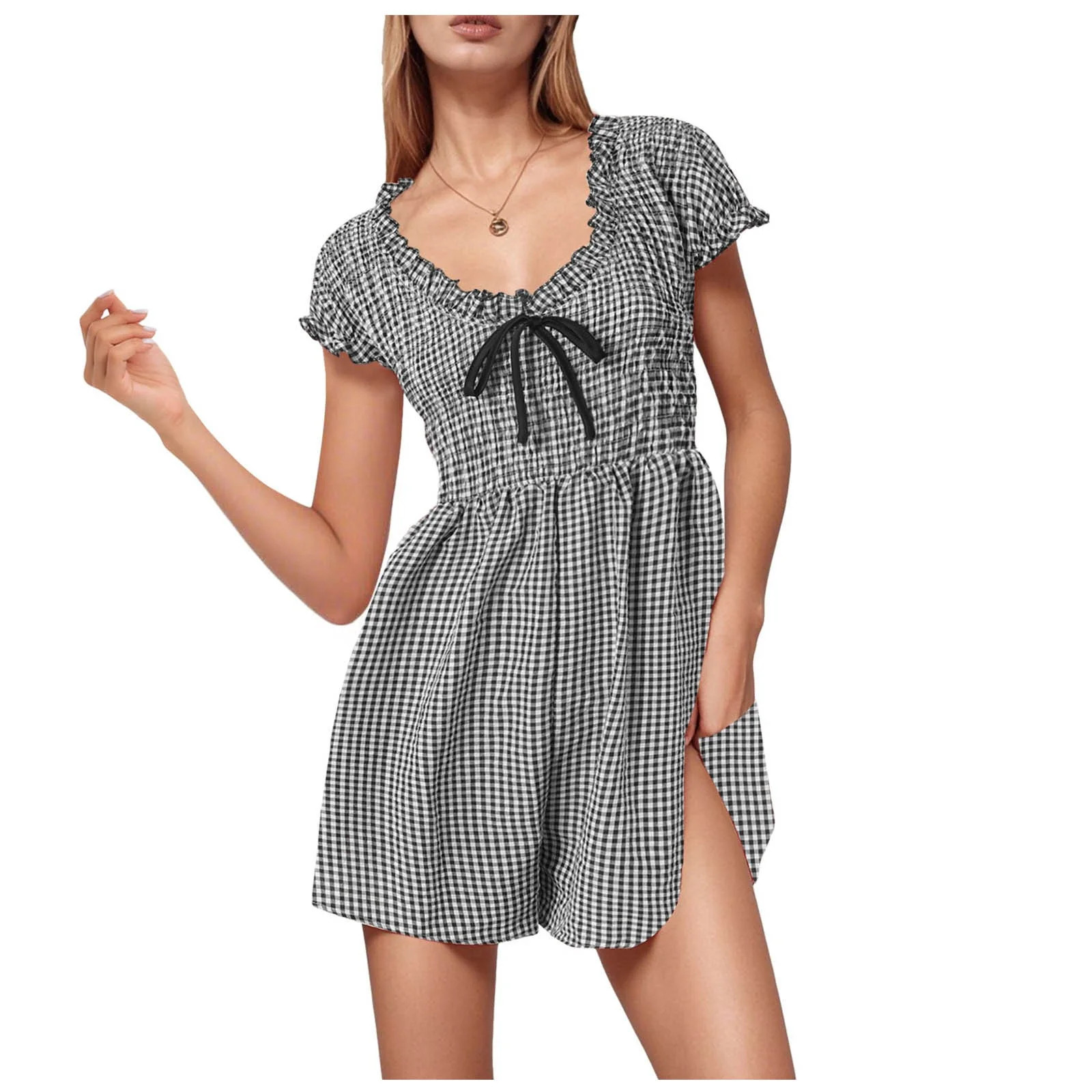 vigerkar Summer Gingham Romper for Women 2025 Dressy Casual Beach Vacation Short Plaid Smocked Ju... | Walmart (US)