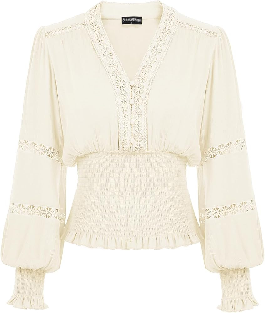 SCARLET DARKNESS Renaissance Shirt Women Boho Long Sleeve V Neck Smocked Peasant Tops | Amazon (US)