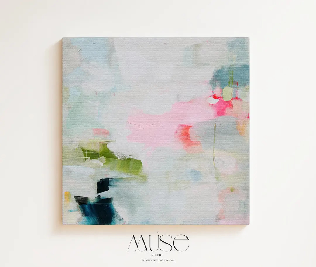 Abstract Pink Blue Framed Wall Art Square Canvas Modern Soft Contemporary Painting for Bedroom or... | Etsy (US)