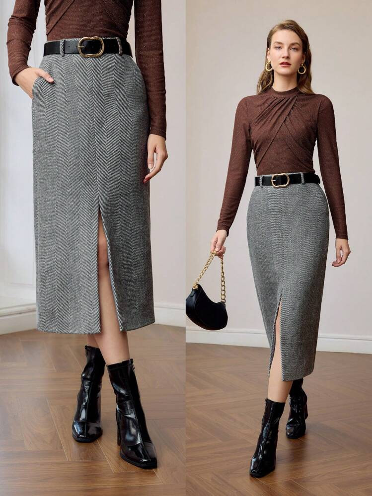 MOTF PREMIUM SAIA COM BOLSO DIAGONAL, BAINHA DIVIDIDA E CINTO COM ESTAMPA CHEVRON | SHEIN