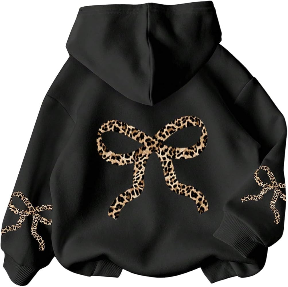Girl's Bow Cheetah Leopard Hoodies Long Sleeve Pullover Tops Preppy Cute Sweatshirts Hoodies | Amazon (US)