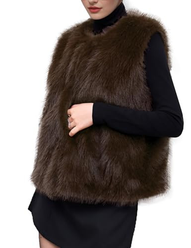 Rousytn Women's Faux Fur Vest Sleeveless Fuzzy Jacket Fluffy Faux Fur Vest for Women Warm Winter Furry Vests Outerwear(Brown-S) | Amazon (US)