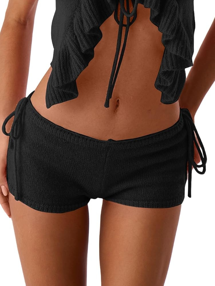 WDIRARA Women's Tie Side Knitted Mini Shorts High Waist Elastic Waisted Summer Cute Shorts | Amazon (US)