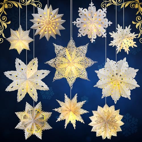 Mudder 10 Pcs Snowflake Paper Lantern Paper Star Lantern with 14 LED Light Paper Lamp Frozen Part... | Amazon (US)