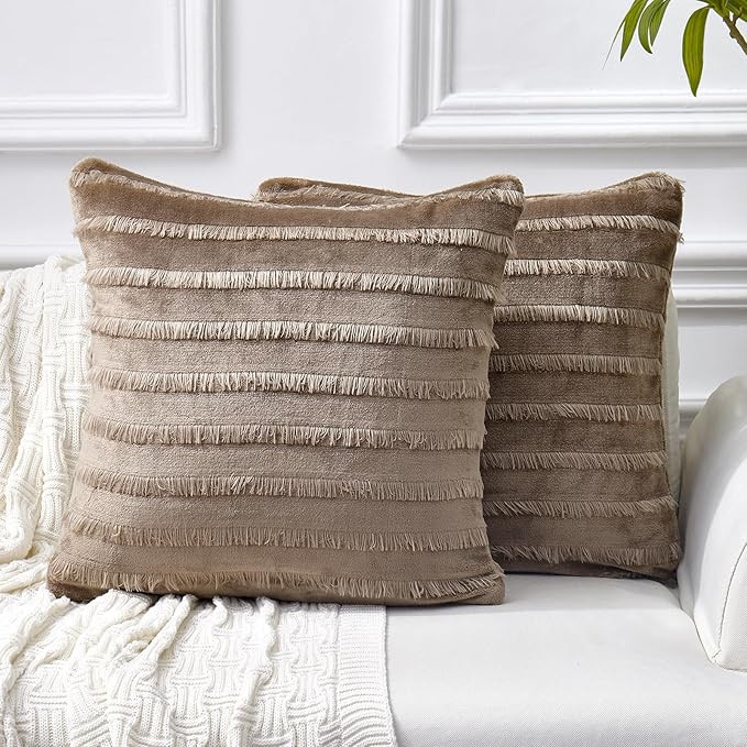 Throw Pillow Covers Set of 2 Boho Striped Flannel Soft Plush Faux Square Decorative Couch Pillow ... | Amazon (US)