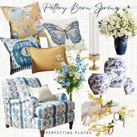 This Pottery Barn home decor is full of sunny yellows and breezy blues. Pottery Barn blue and white upholstered arm chair, forsythia napkin rings, blue and white vases, faux daisies, faux blue delphinium, yellow dahlia pillow, butterfly pillow, blue okay pillow 

#LTKstyletip #LTKSeasonal #LTKhome
