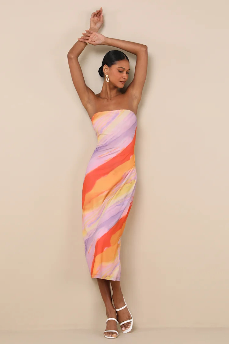 Jaylah Lavender Multi Mesh Strapless Midi Dress | Lulus