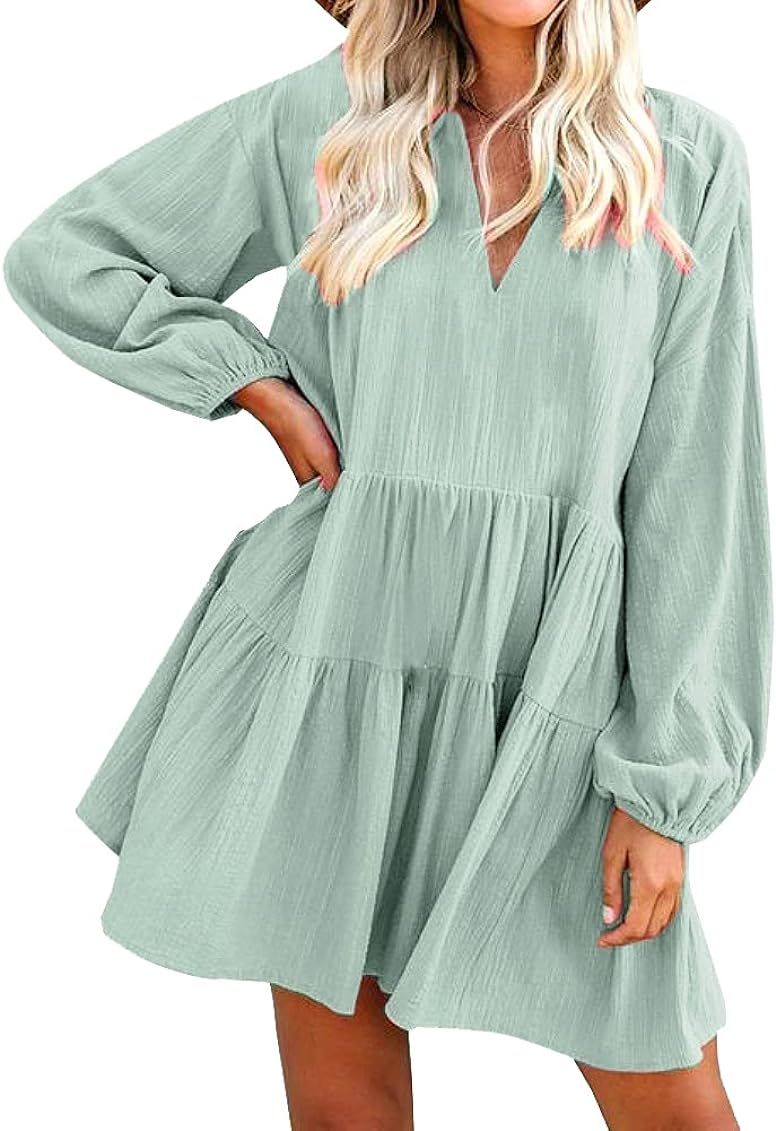 FANCYINN Long Sleeve Shift Tunic Dress Ruffle Swing Babydoll Juniors Mini Ruffle Dress with Pockets | Amazon (US)