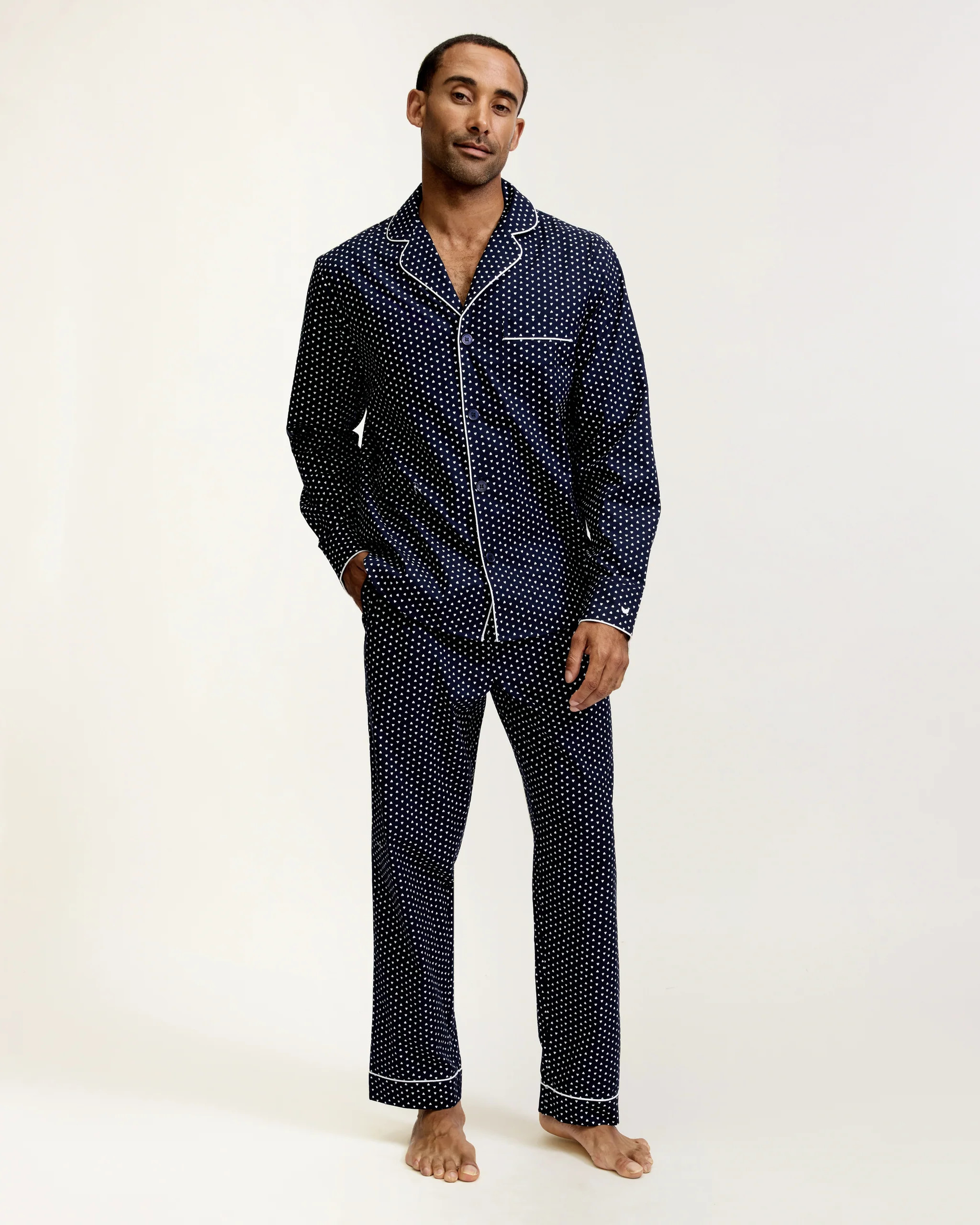 Men's Twill Pajama Set in Midnight Hearts | Petite Plume