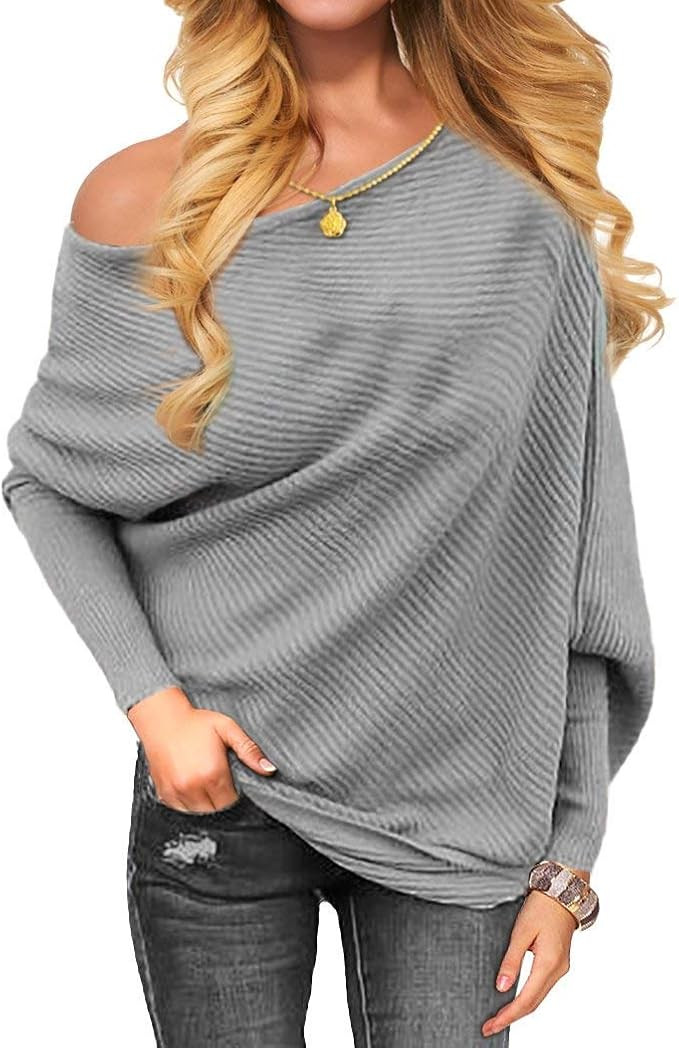 OmicGot Women's Off The Shoulder Long Sleeve Pullover Knit Jumper Baggy Solid Sweater | Amazon (US)