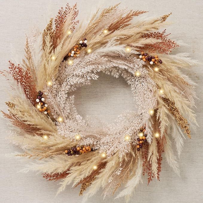 DecorbyHannah Fall Wreath, 24'' Pre-Lit Artificial Pampas Grass Wreath for Front Door, Boho Farmh... | Amazon (US)