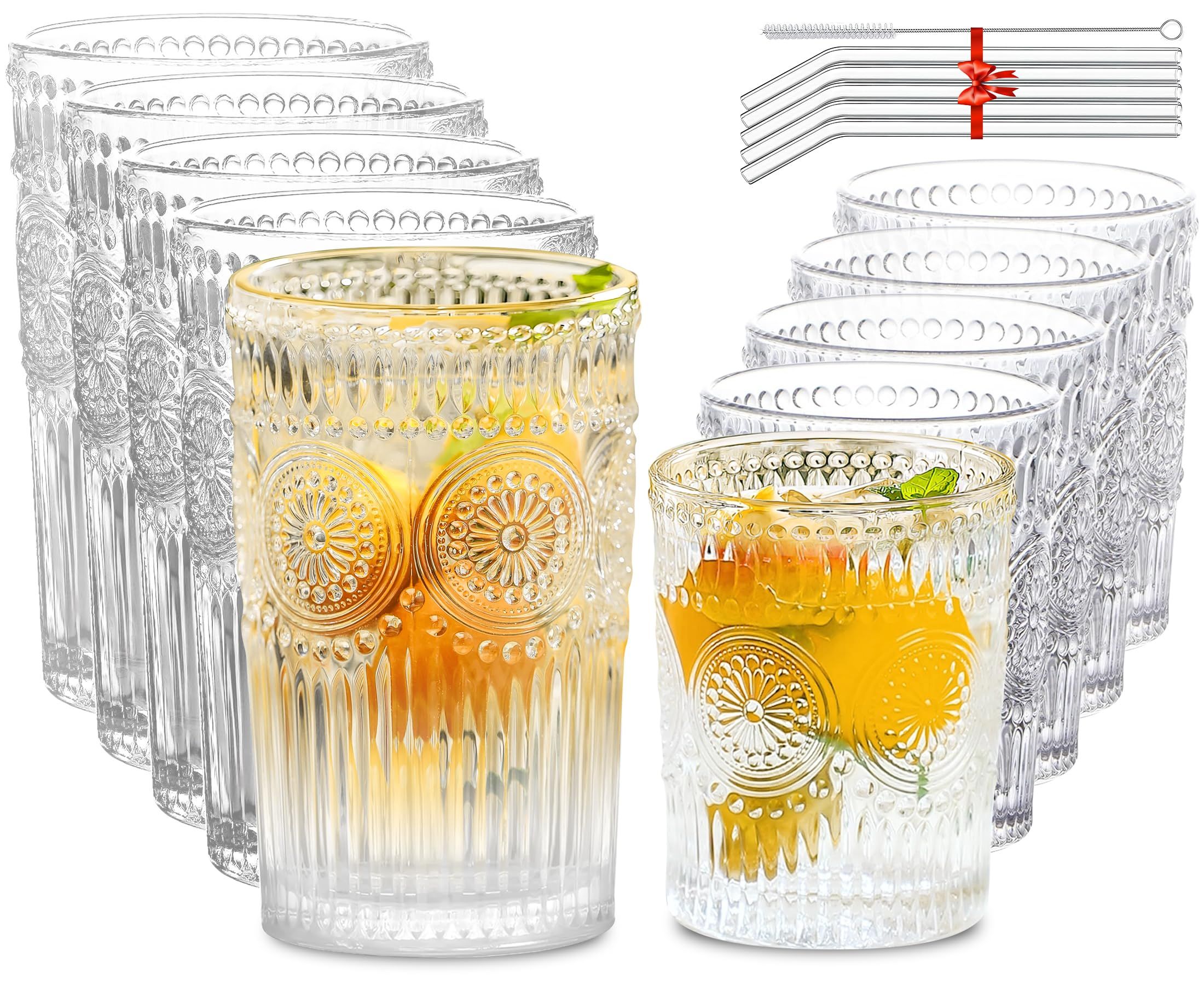 Lvtrupc 10Pcs Vintage Drinking Glasses - Romantic Highball Glasses & Rocks Glasses, Striped Glass Tu | Amazon (US)