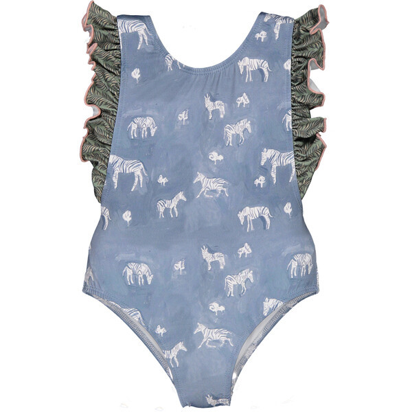 Jungle Zebras One-Piece Swimsuit, Greyish Blue, Green And Blush | Maisonette