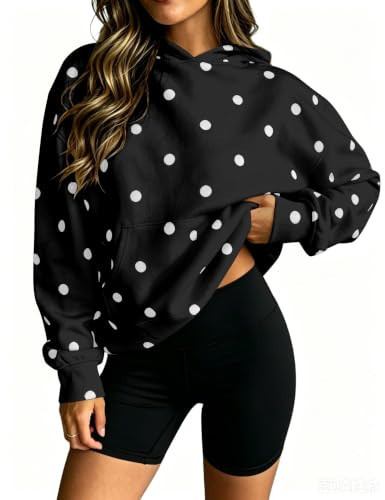 OLAPTA Women Polka Dot Long Sleeve Hoodie Sweatshirt Printed Oversized Loose Fit Hooded Neck Pullover Top Black | Amazon (US)