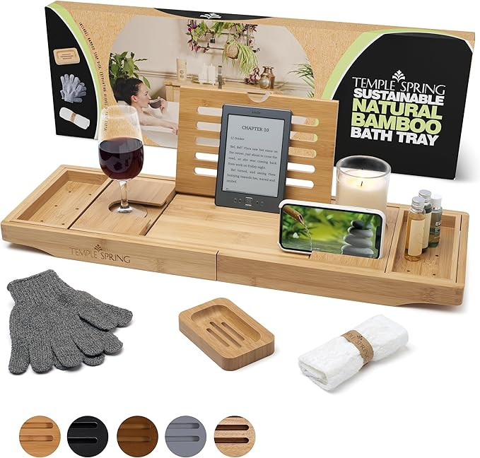 Temple Spring Bath Tray - Extendable Bath Caddy Tray for Bathtub with Candle, Wine Glass, Book, i... | Amazon (UK)