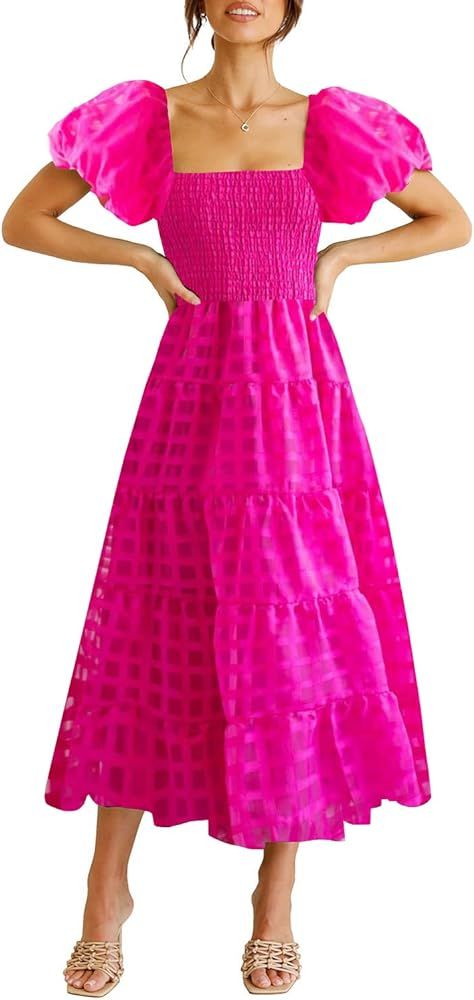 Women's Smocked Maxi Dress Square Neck Ruffle Hem Puffy Short Sleeve Flowy Midi Dress | Amazon (US)