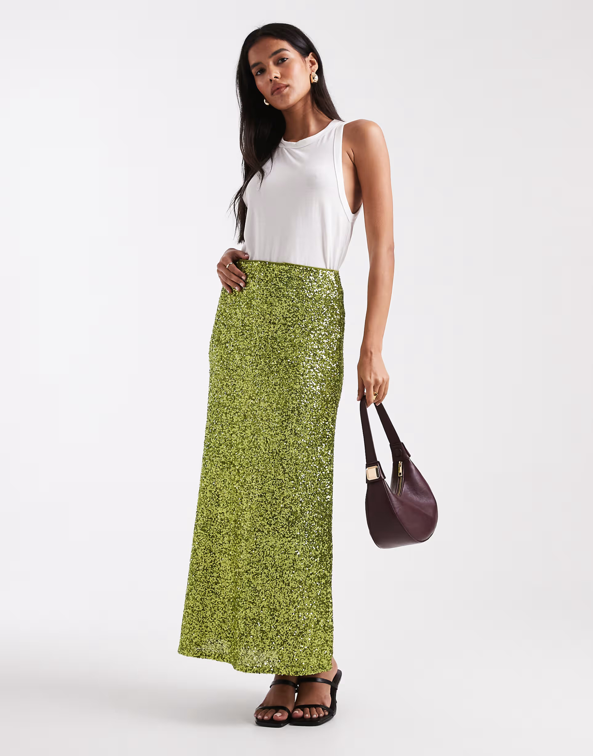 French Connection Elena sequin midi skirt in olive | ASOS (Global)