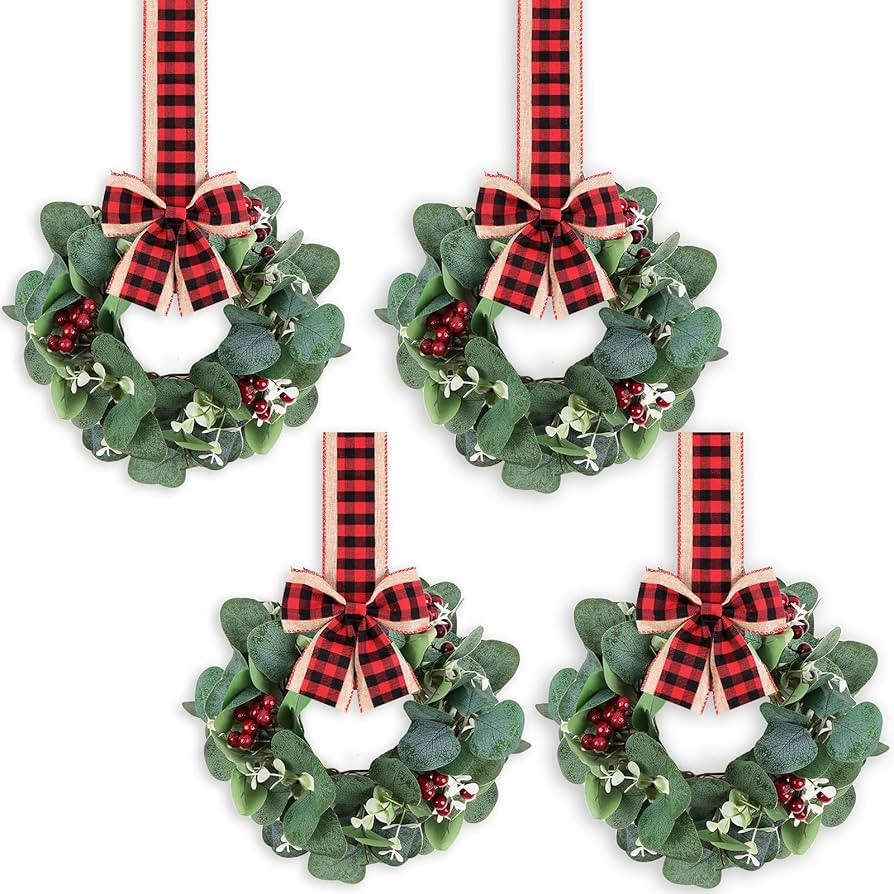 4PACK Mini Christmas Faux Kitchen Cabinet Wreaths with Red Black Plaid Ribbon Artificial Green Le... | Amazon (US)