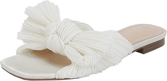 VETASTE Women's Pleated Bow Flat Sandals Open Square Toe Slip on Slide Sandals | Amazon (US)