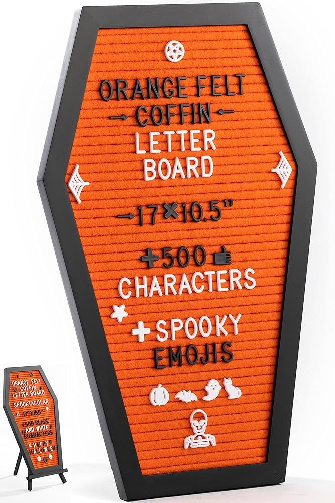 Coffin Letter Board Orange With Spooky Emojis +500 Characters, and Wooden Stand - 17x10.5 Inches ... | Amazon (US)