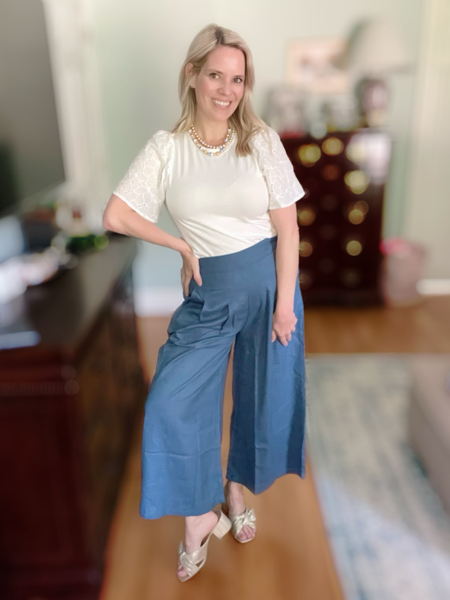 Wide leg blue linen pants, eyelet top, white tshirt, summer mom outfits 

#LTKFindsUnder50 #LTKOver40 #LTKFindsUnder100