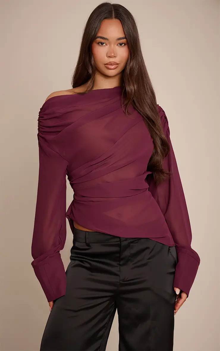 Plum Chiffon Drape Top | PrettyLittleThing UK