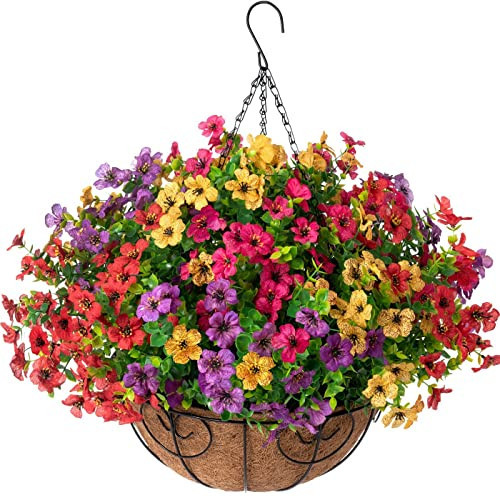 HyeFlora Artificial Faux Hanging Plants Flowers Basket for Summer Outdoor Outside Decoration, Fake Silk UV Sun Resistant Look Real Colorful Daisy Eucalyptus for Porch Home Patio Balcony Yard | Amazon (US)
