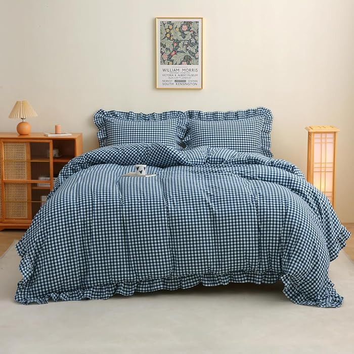 Navy Blue/White Plaid Ruffle 3-Piece Duvet Cover Set King Size,Washed Cotton Shabby Gingham Check... | Amazon (US)