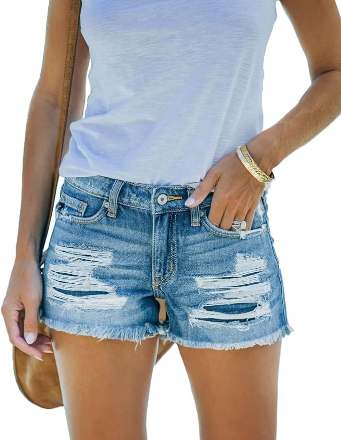 Women's Ripped Denim Jean Shorts Mid Rise Summer Hot Raw Hem Casual Shorts | Amazon (US)