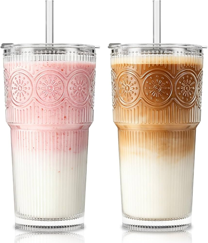 SoulTimes 20oz Ribbed & Floral Glass Tumbler Set of 2 \u2013 Reusable Glass Cups with Lid and Gla... | Amazon (US)