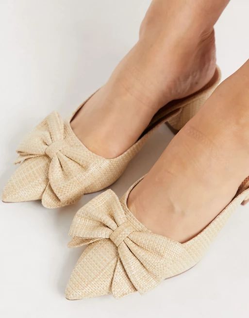 ASOS DESIGN Wide Fit Summer bow mid heeled mules in natural | ASOS (Global)