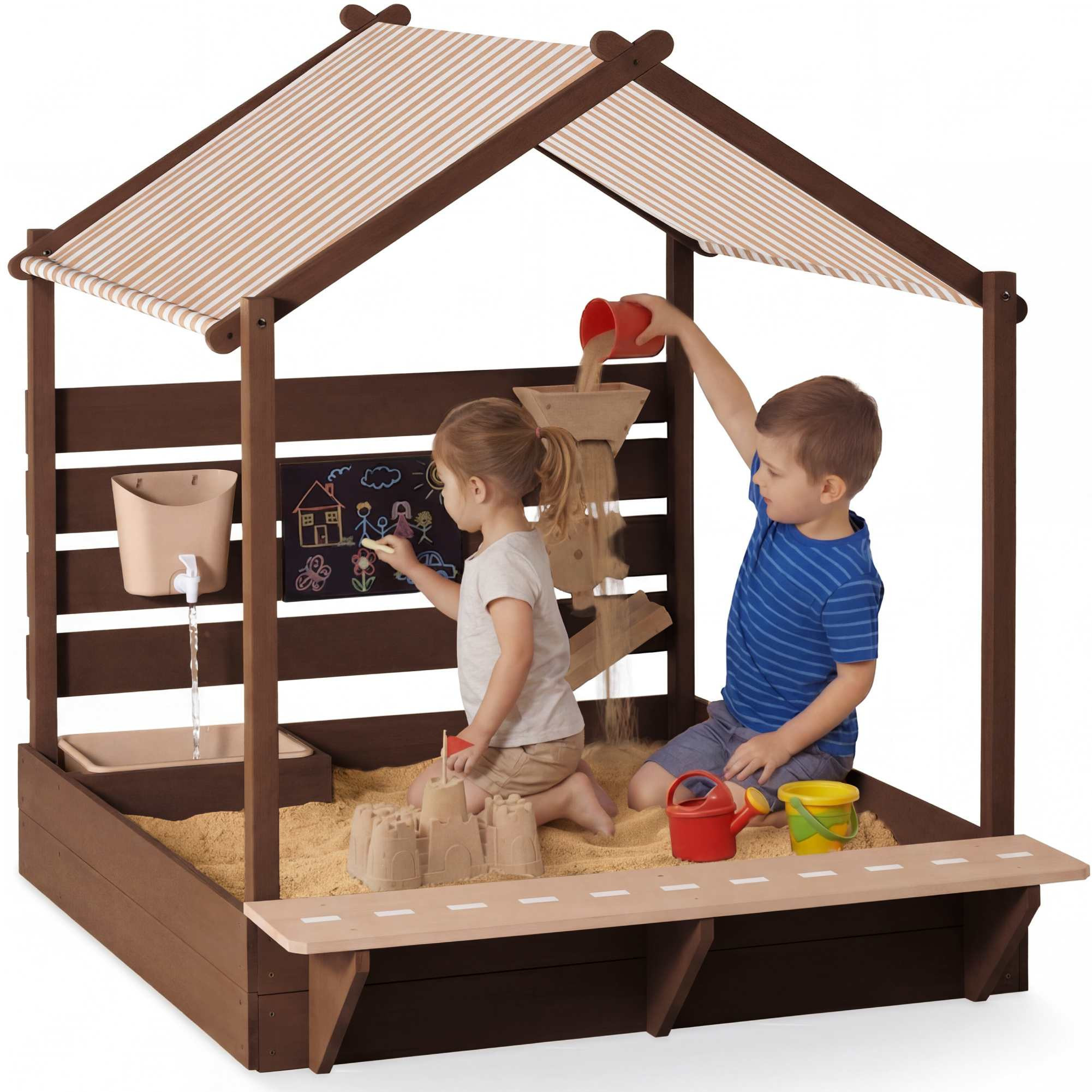 Best Choice Products Deluxe Wooden Sandbox with Canopy, Water Table, Bench Seat, Outdoor Kids Playset | Shop Simon
