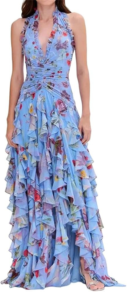 Women Elegant Pattern Print Cake Party Dress Lace Up Slim Split Long Dress Ruffle Holiday Dress | Amazon (US)