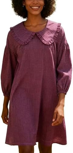 2025 Women's Babydoll 3/4 Puff Sleeve Plaid Mini Dress Lapel Doll Collar Loose Y2k Dress | Amazon (US)