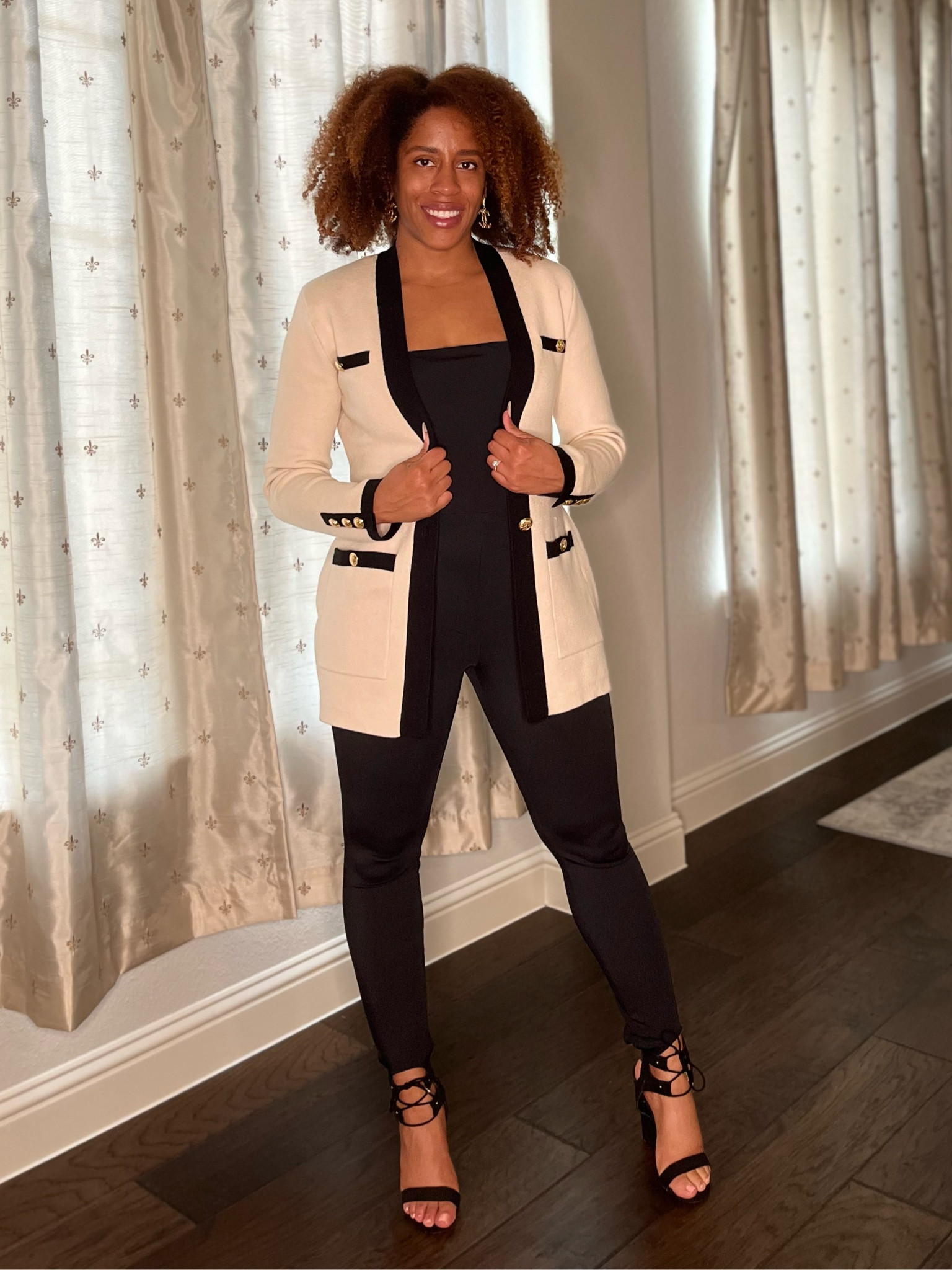 #ExpressPartner Post: bring on fall, fall weather and fall looks from @express! Peep this tailored Fall look I put together: Tipped Novelty Button Sweater Jacket in the color Sandshell & Body Contour Matte Square Neck Stirrup Jumpsuit in the color Pitch Black #ExpressYou #September2022 #Sponsored

#LTKworkwear #LTKbump #LTKunder100