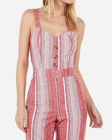 Striped Linen-blend Button Front Tie Back Jumpsuit | Express