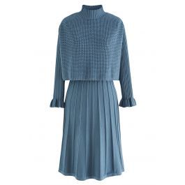 Mock Neck Pleated Knit Twinset Dress in Teal | Chicwish