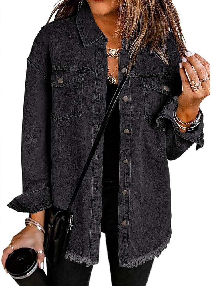 Vetinee Women’s Oversized Button Up Frayed Hem Shacket Long Sleeve Pockets Denim Jean Jacket | Amazon (US)