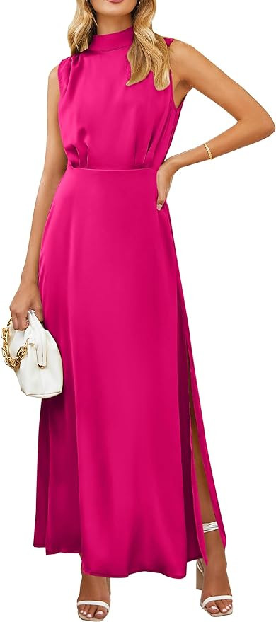 PRETTYGARDEN Women's Long Formal Satin Dress Mock Neck Sleeveless Side Slit Flowy Maxi Tank Dress... | Amazon (US)
