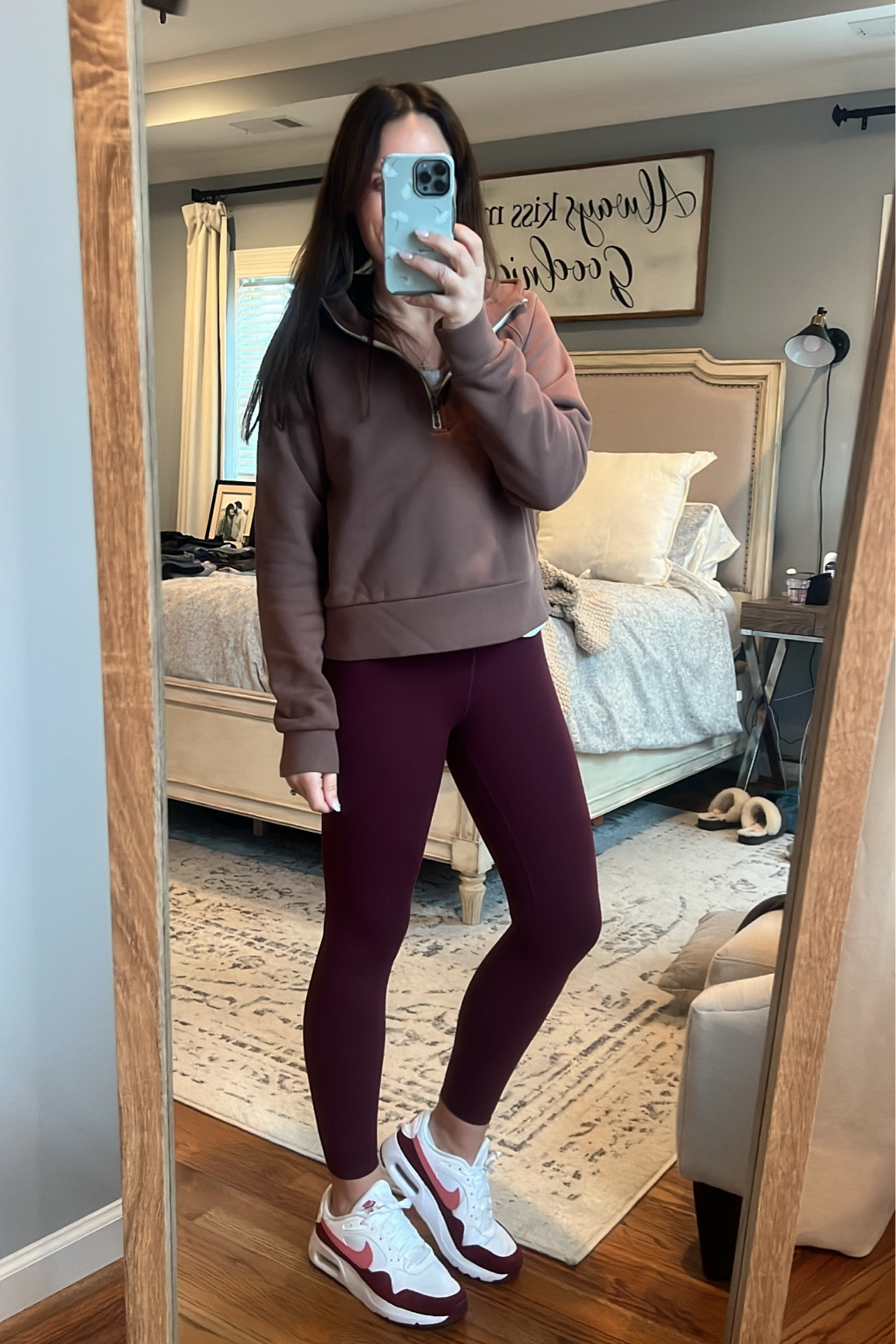 5’5 140lb 

Leggings: size small SO flattering and smoothing (love this cassis color!!)

Top: my Vuori top is sold out in this moca color but found an amazon look for less! 

Shoes: I size up 1/2 a size in Nike airs
