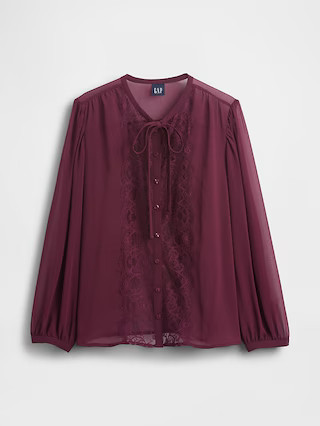 Sheer Recycled Lace Inset Tie-Neck Top | Gap (US)