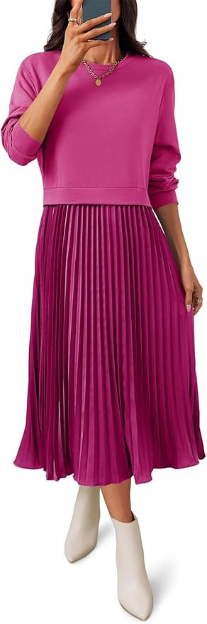 Wenrine Womens Sweatshirt Dress Casual Patchwork Long Sleeve Crewneck Pleated Fall Maxi Dresses | Amazon (US)