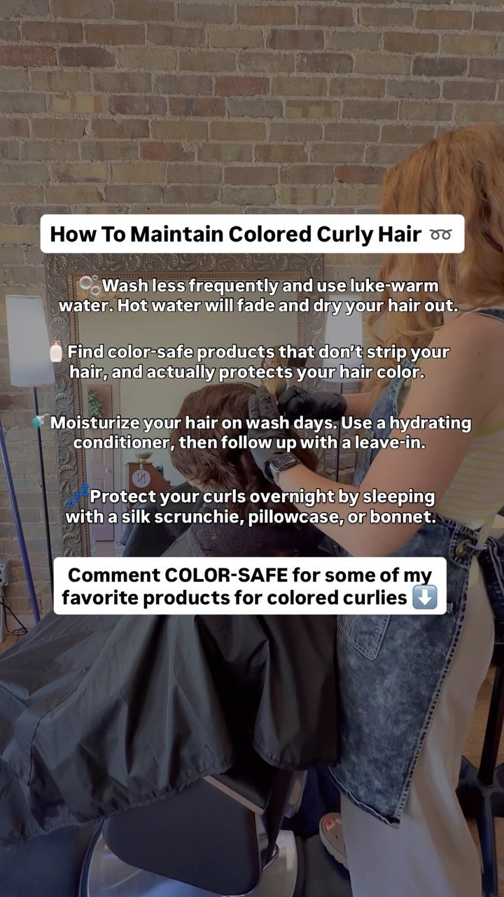Trying to care for colored curly hair isn’t NEARLY as difficult as it’s made out to be.

You deserve to have your hair the color you want without fading the gorgeous shade you colored it, sacrificing the health of your hair, or the definition of your curls!

Yes, you CAN have it all!

Dyeing curly hair simply means taking a few extra steps to ensure your color and your curls are both getting the care and attention they need to last as long as possible (whether you need your curls to last a whole week or a color to last months!)

Here is how I’d advise a client post-coloring to care for dyed curly hair…

🫧Wash less frequently and use luke-warm water. Hot water will fade and dry your hair out.

🧴Find color-safe products that don’t strip your hair, and actually protects your hair color.

🚿Moisturize your hair on wash days. Use a hydrating conditioner, then follow up with a leave-in.

💤Protect your curls overnight by sleeping with a silk scrunchie, pillowcase, or bonnet.

TLDR: keep your hair moisturized, don’t overheat it, and handle it with care.

Comment COLOR-SAFE for a link to my favorite color-safe curly hair products!
.
.
.
#coloredcurlyhair
#curlyhairtips
#coloredhairproducts
#curlyhairroutine
#curlyhairhacks