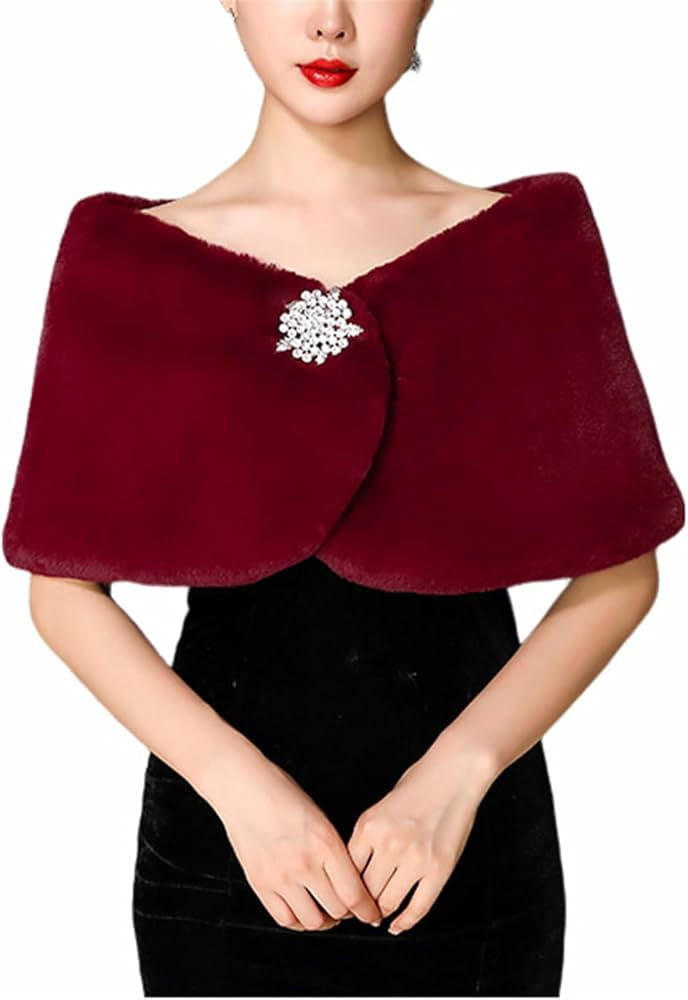 Women's Wedding Faux Fur Wraps and Shawls Winter Shrug with Brooch for Brides Bridesmaids Burgund... | Amazon (US)