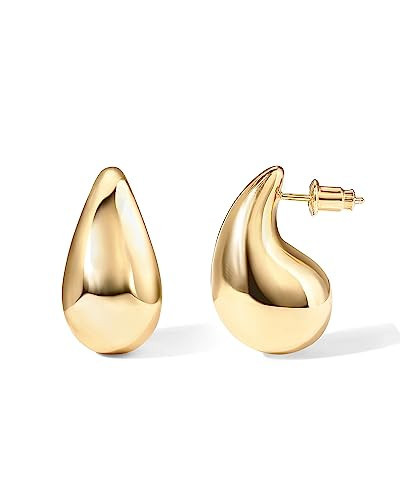 PAVOI 14K Gold Plated 925 Sterling Silver Post Teardrop Chunky Hoop Earrings - Lightweight Drop Yellow Earrings for Women - 31mm Designer Dupe | Amazon (US)