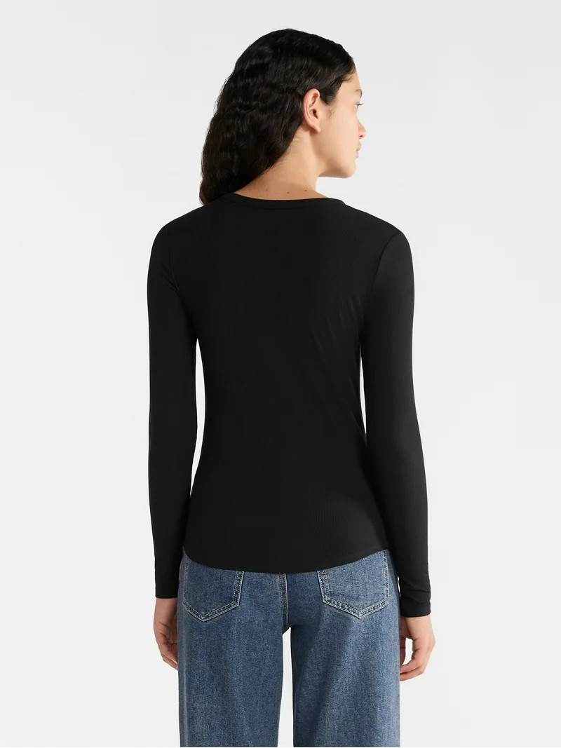 No Boundaries Ribbed Crewneck Tee with Long Sleeves, 1 or 2-Pack, Women's & Women's Plus XXS-XXL | Walmart (US)