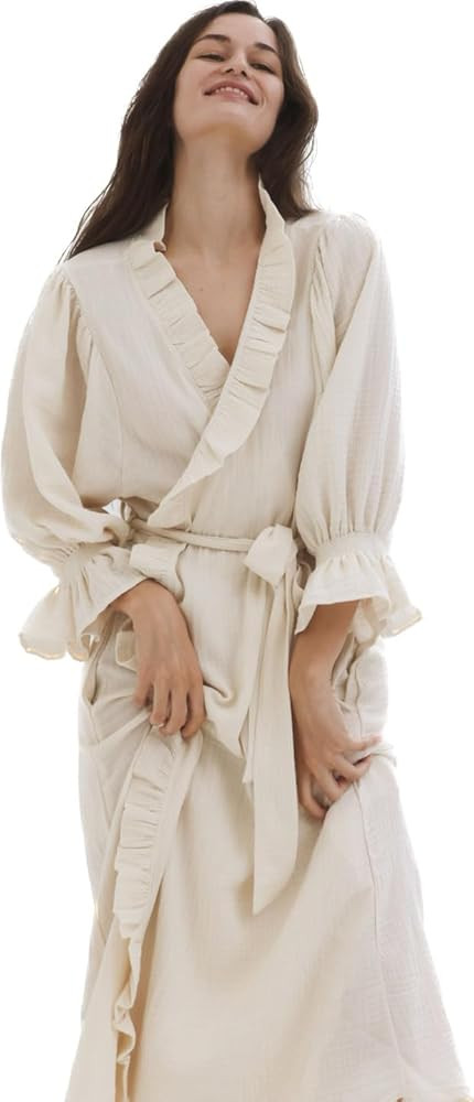 NOTHING FITS BUT Muslin Gauze Maternity Robe for Hospital, Nursing Nightgown Puffed Sleeves Cotto... | Amazon (US)
