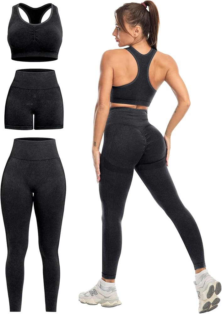 3 Piece Workout Sets for Women Butt Lifting Leggings with High Impact Sports Bra Gym Shorts | Amazon (US)