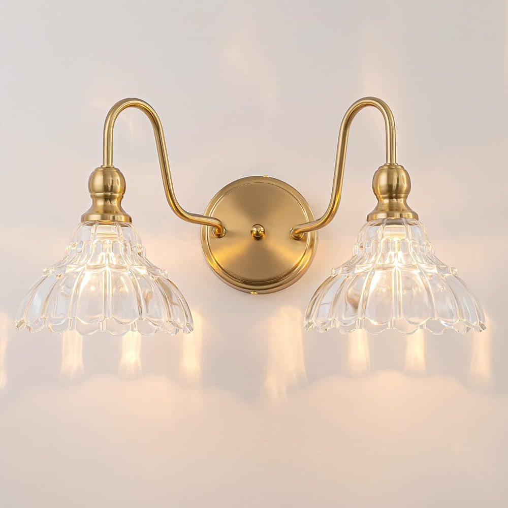 Vintage Bathroom Light Fixtures Over Mirror, 2-Light Brass Wall Sconce Lighting with Flower Glass... | Amazon (US)